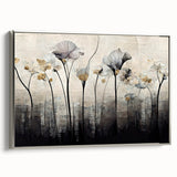 Framed wall art showcasing a captivating abstract floral design in vibrant colors, elegantly displayed with a sleek silver frame, ideal for modern home decor.