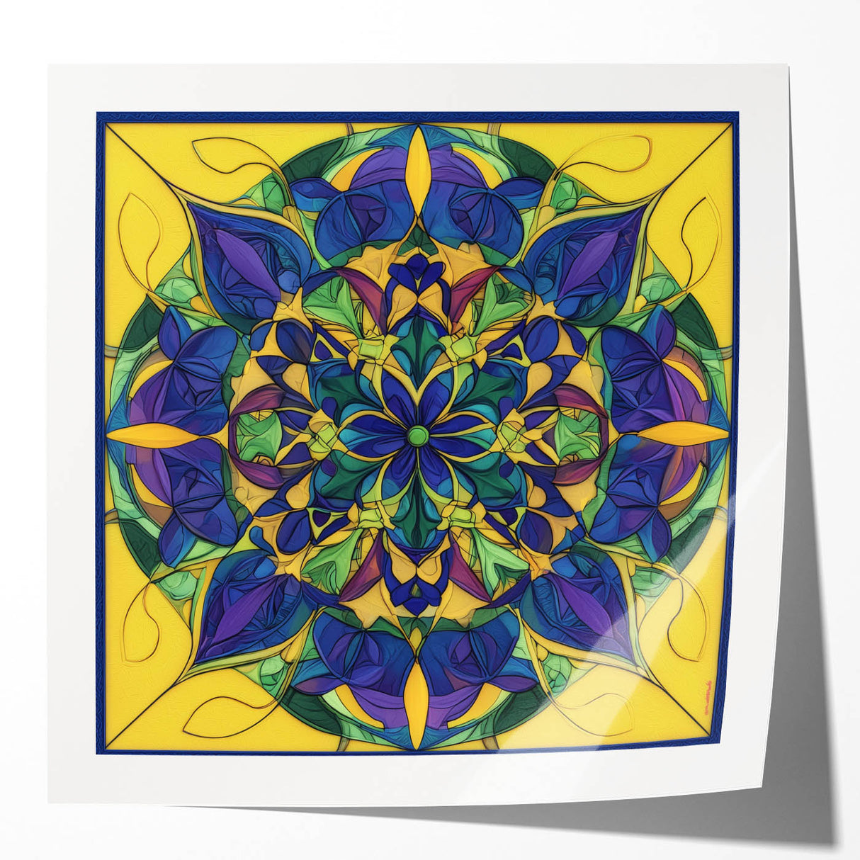 Abstract geometric art print mockup showcasing vibrant colors and sharp angles on a glossy surface, ideal for modern home decor and design inspiration.