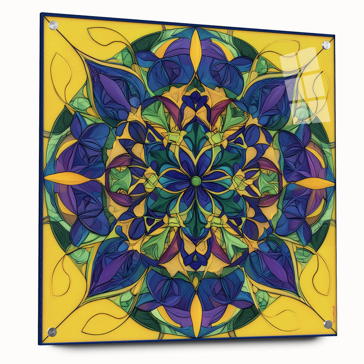 Abstract geometric acrylic glass design in vibrant colors, showcasing a side view with visible pins, perfect for modern home decor and artistic interiors.