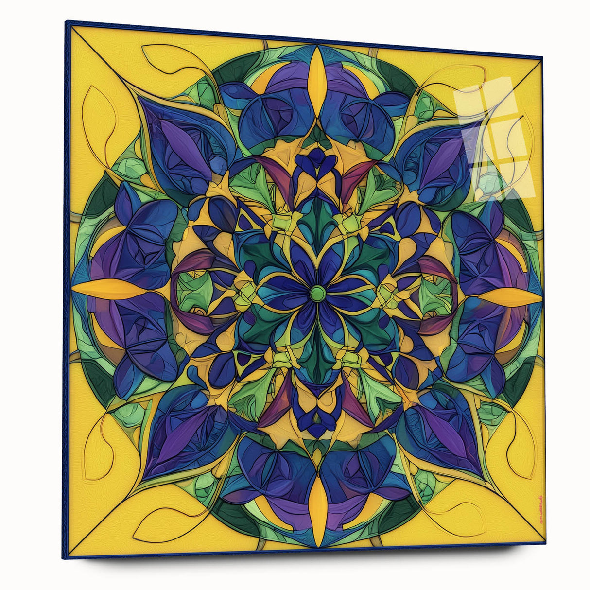 Abstract geometric design on acrylic glass showcasing vibrant colors and unique shapes, displayed in a side view without pins, perfect for modern decor.