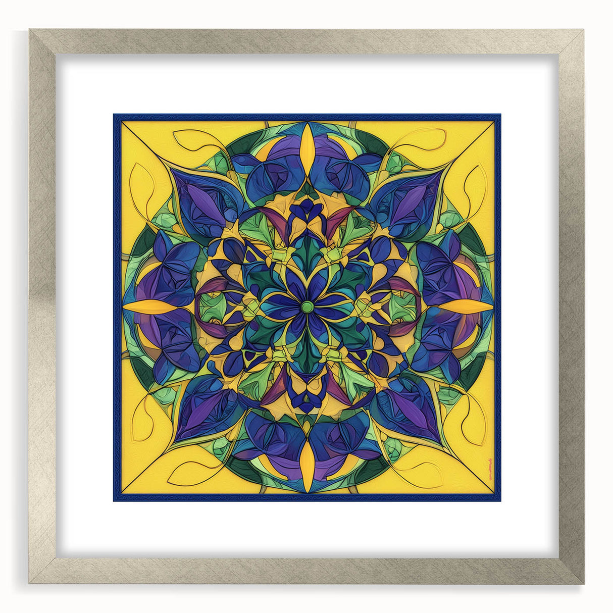 Abstract geometric frame in silver with a mat, showcasing intricate design details, perfect for modern decor. Ideal for framing art or photos.