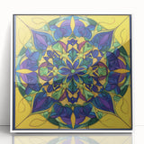 Abstract geometric art print in a sleek white frame, showcasing vibrant colors and shapes, perfect for modern home decor or office spaces. Ideal for enhancing contemporary aesthetics.