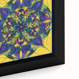 Close-up of a modern abstract geometric framed canvas showcasing vibrant colors and intricate patterns, ideal for contemporary home decor and art enthusiasts.