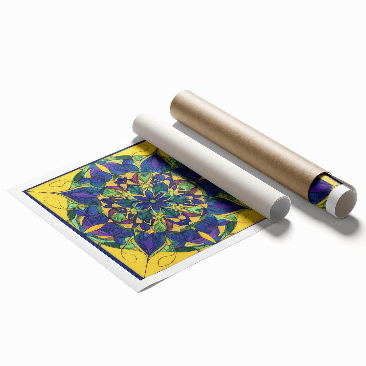 Abstract geometric rolled print showcasing vibrant colors and intricate patterns, designed for modern decor, elegantly packaged in a protective cardboard tube.