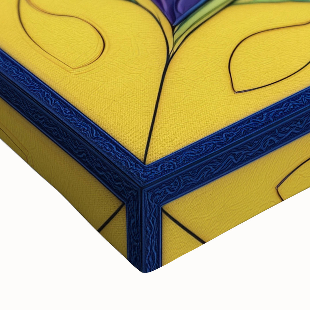 Close-up of a vibrant abstract geometric stretched canvas art piece showcasing bold colors and intricate shapes, perfect for modern home decor.