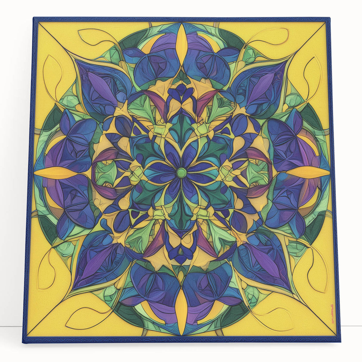 Abstract geometric stretched canvas art piece featuring vibrant colors and intricate shapes, perfect for modern decor. The artwork leans against a neutral background, showcasing its contemporary design and texture. Ideal for adding a pop of color to living spaces or offices.