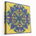 Stretched canvas artwork showcasing an abstract geometric design in vibrant colors, perfect for modern decor. Side view highlights the canvas depth and texture.