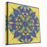 Stretched canvas artwork showcasing an abstract geometric design in vibrant colors, perfect for modern decor. Side view highlights the canvas depth and texture.