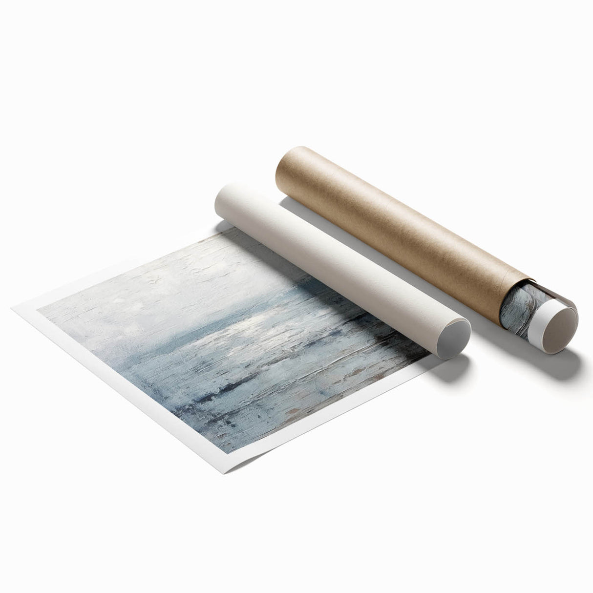 Abstract landscape wall art print showcasing vibrant blue and green hues, featuring layered textures and fluid shapes, rolled and ready for framing.