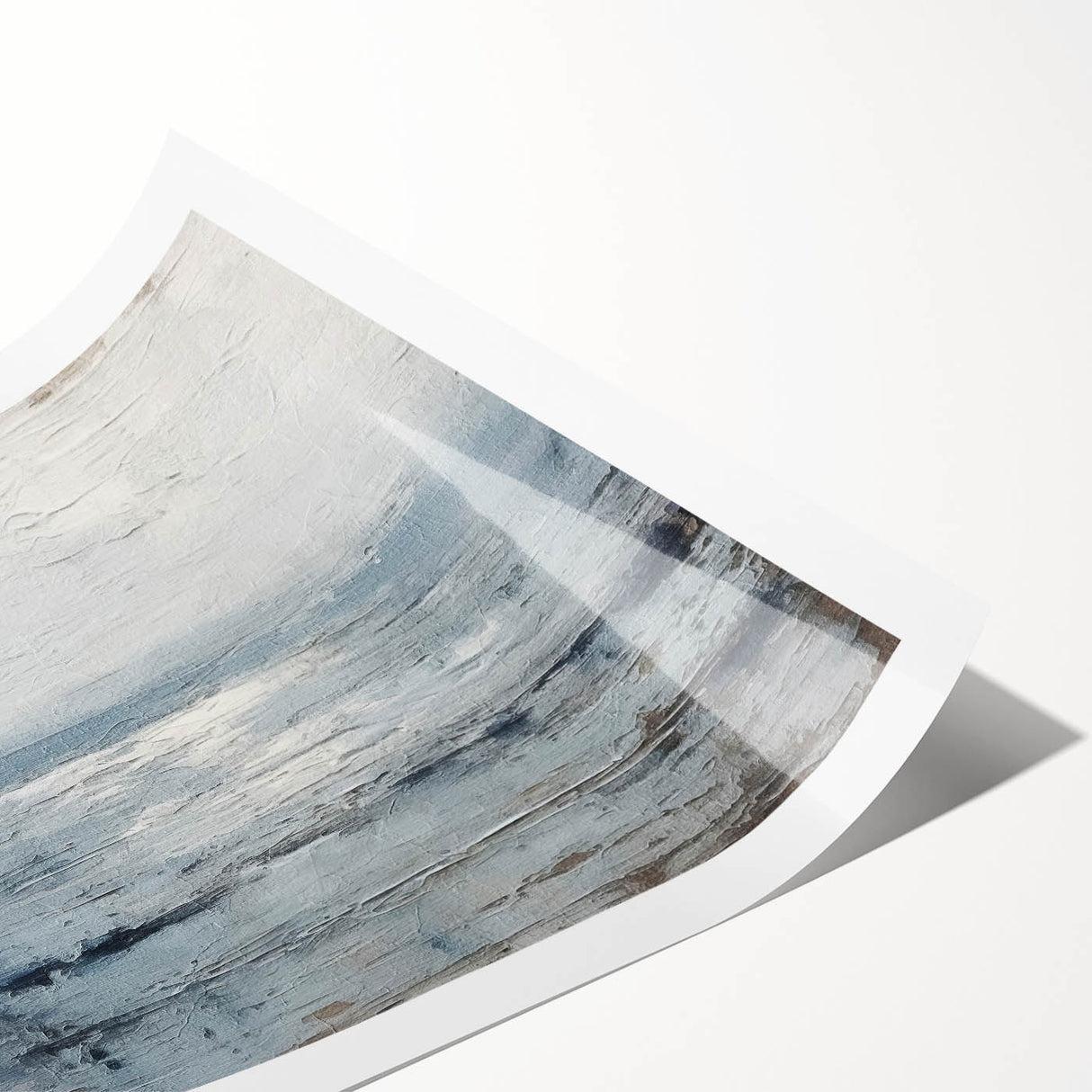 Abstract landscape wall art print showcasing vibrant colors of blue, green, and orange, rolled and ready for display, perfect for modern home decor.