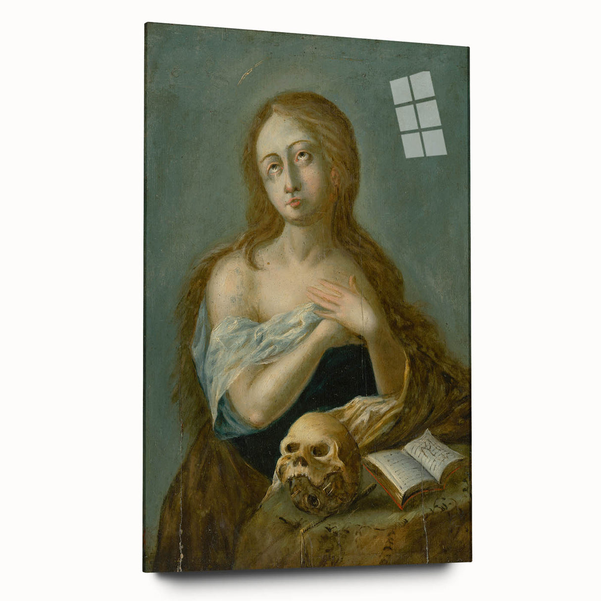 Antique Art Print of Woman with Skull for Decor