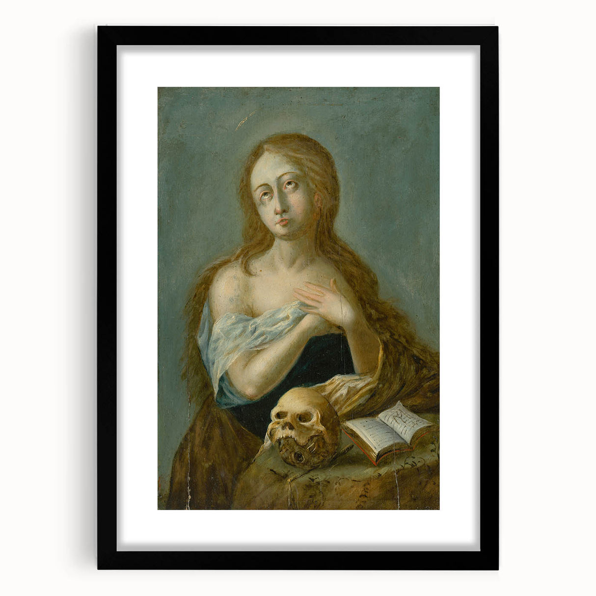 Antique Art Print of Woman with Skull for Decor