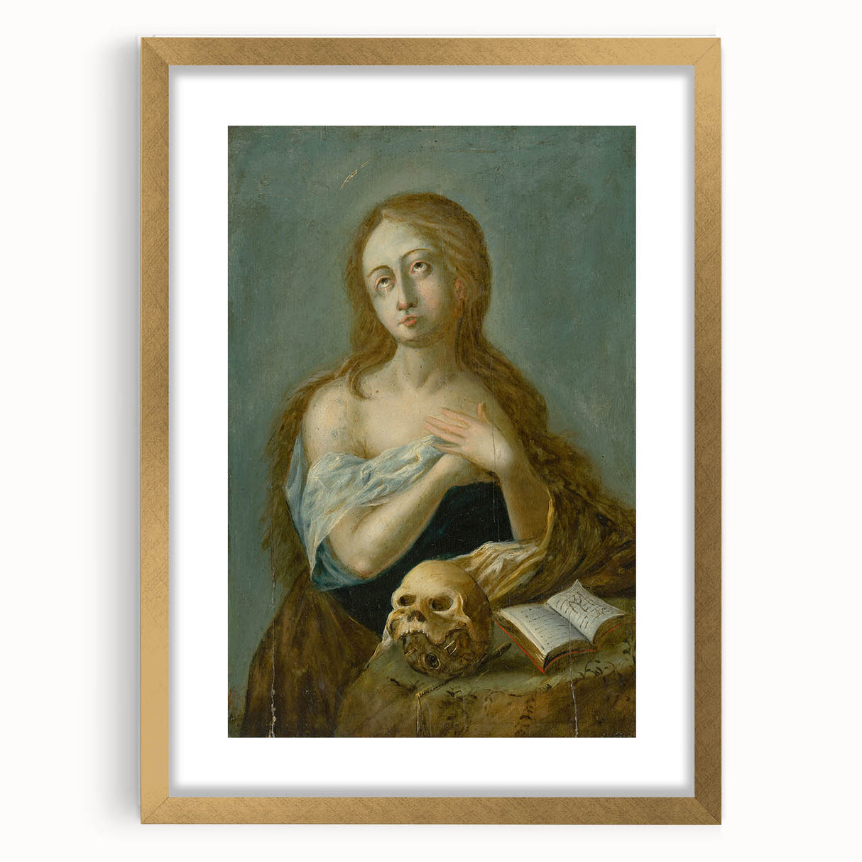 Antique Art Print of Woman with Skull for Decor