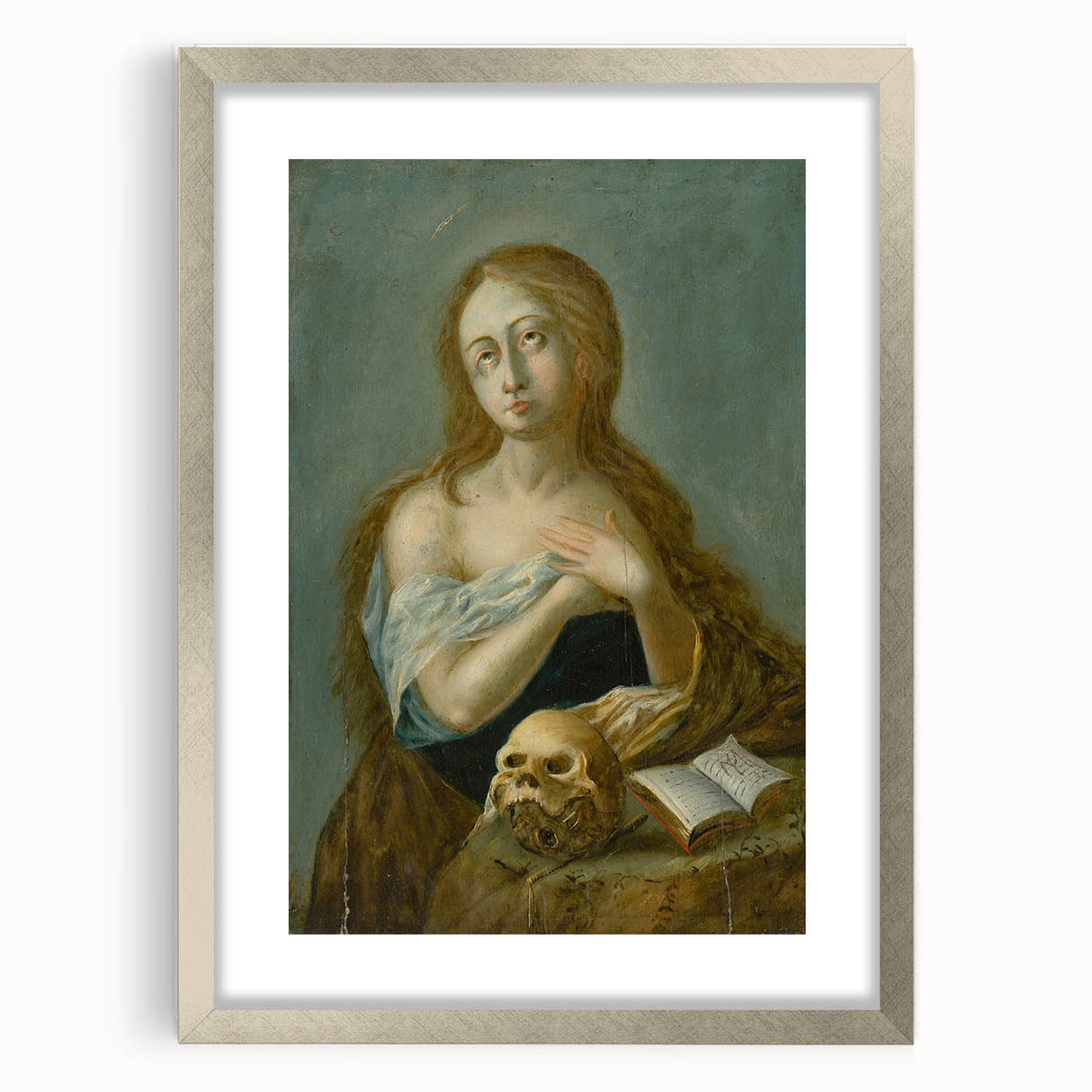 Antique Art Print of Woman with Skull for Decor