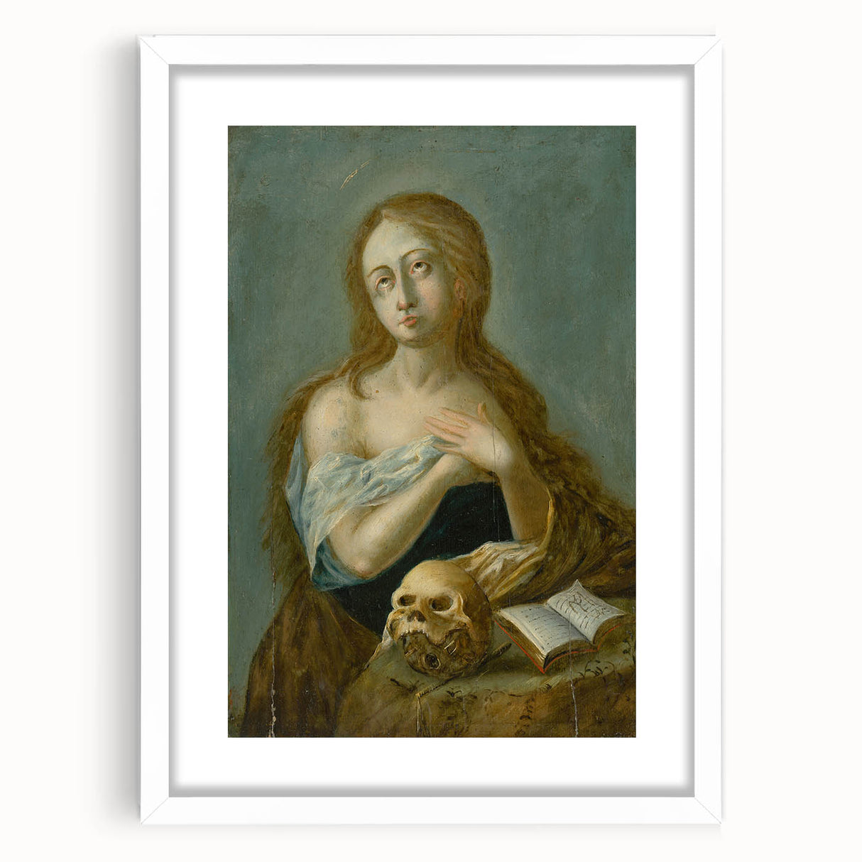 Antique Art Print of Woman with Skull for Decor