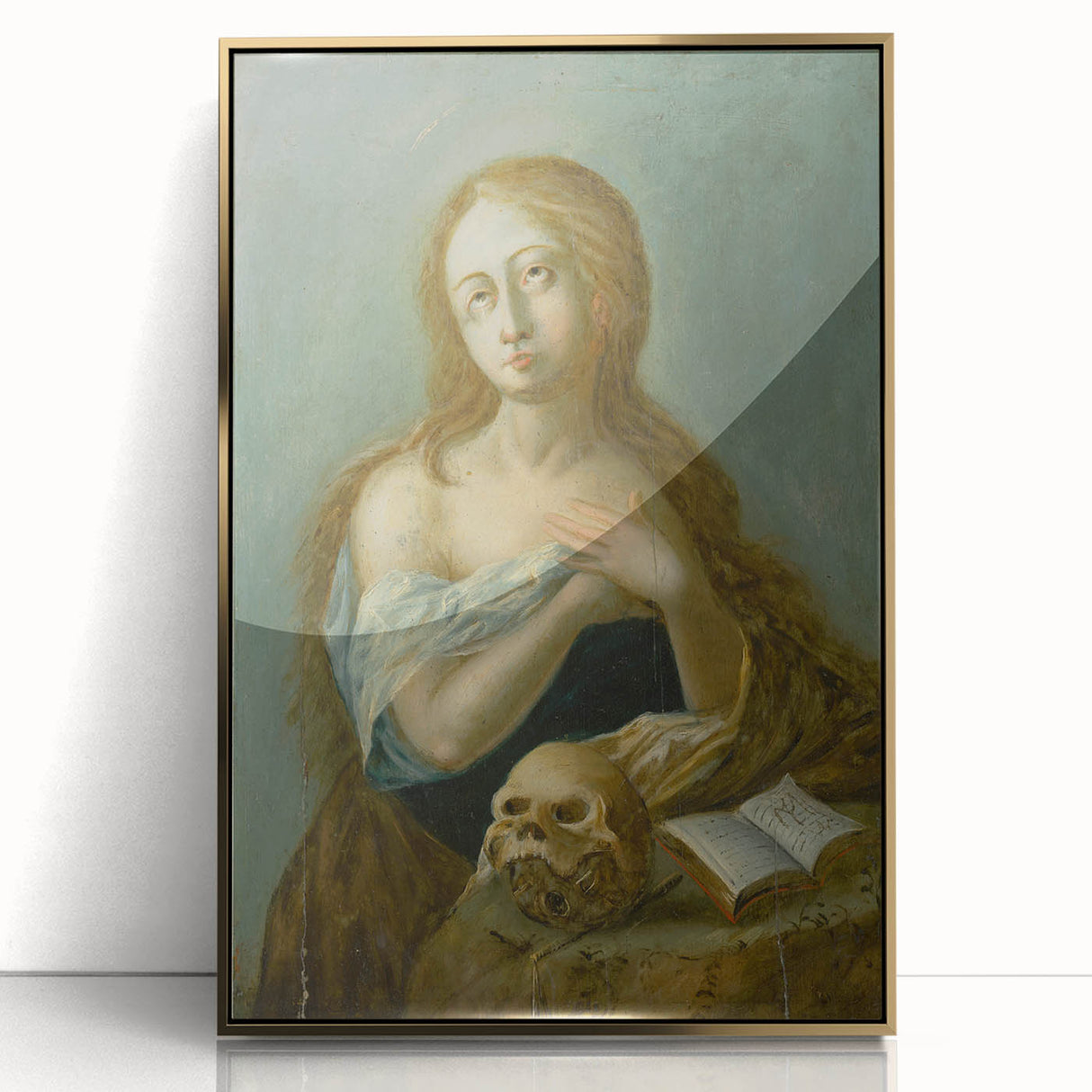 Antique Art Print of Woman with Skull for Decor