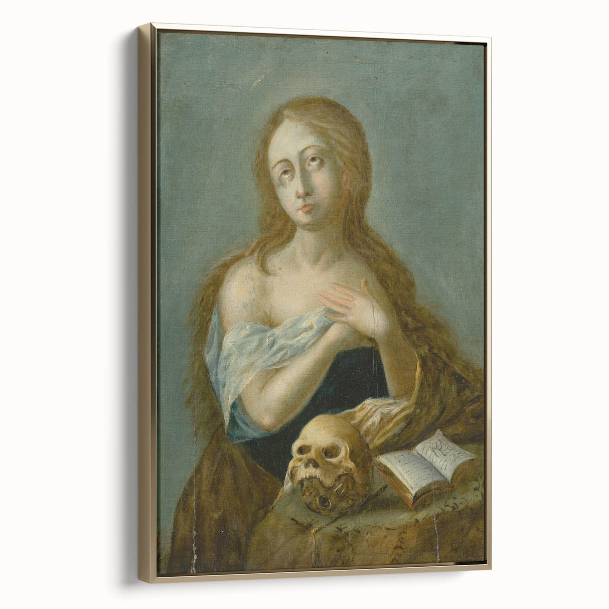 Antique Art Print of Woman with Skull for Decor