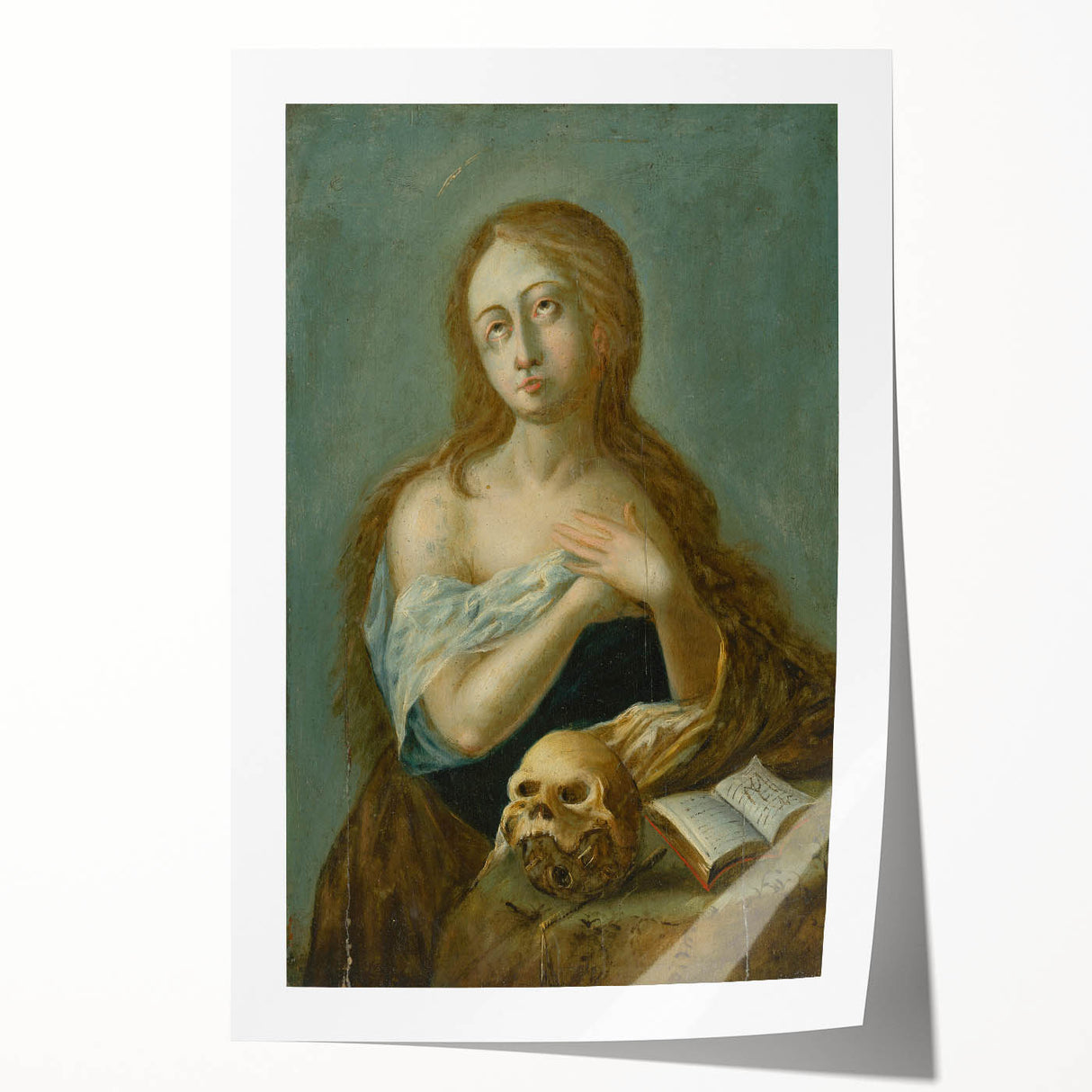 Antique Art Print of Woman with Skull for Decor