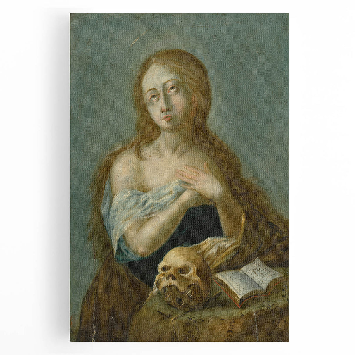 Antique Art Print of Woman with Skull for Decor