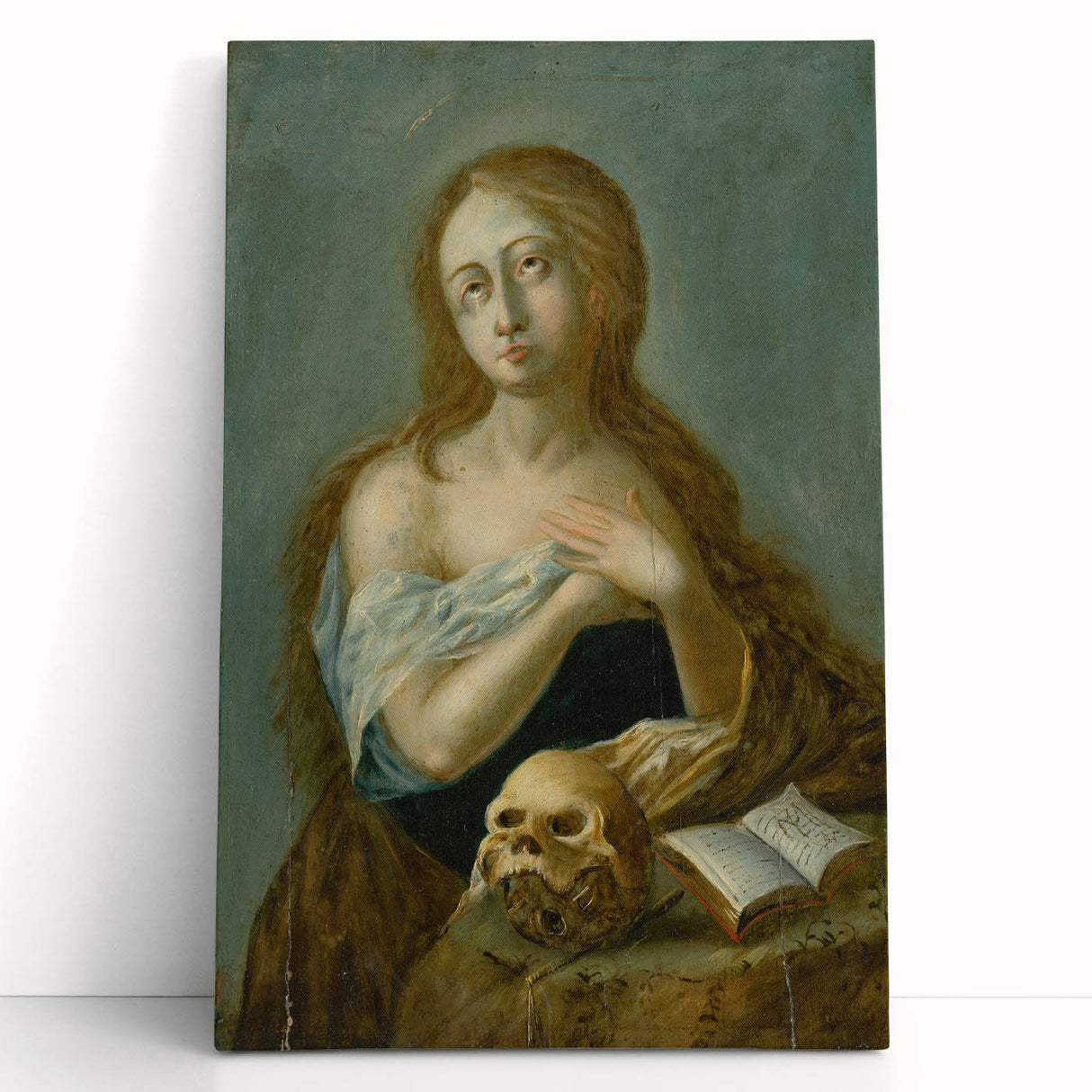 Antique Art Print of Woman with Skull for Decor