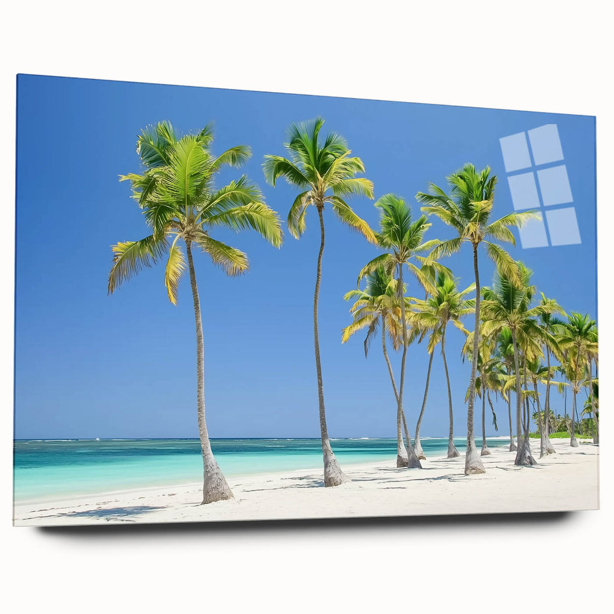 Acrylic glass display showcasing a vibrant landscape beach design, featuring rich blues and sandy tones, viewed from the side without pins, ideal for modern home decor.