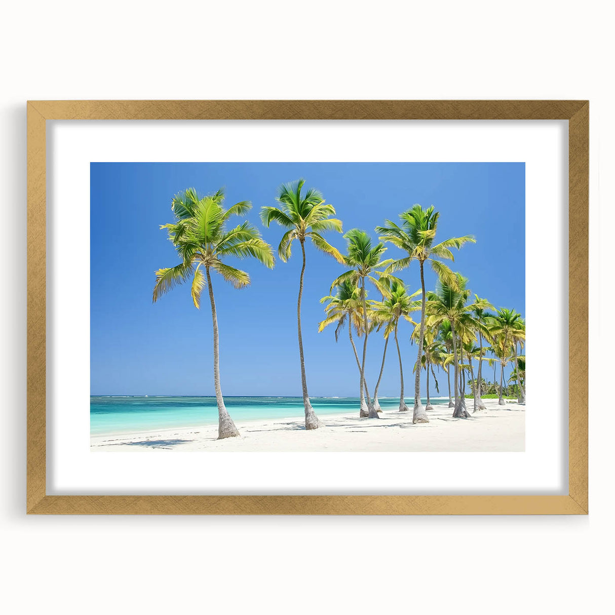 Elegant gold-framed landscape art print showcasing a serene beach scene, complete with a mat, ideal for home decor. Perfect for adding a touch of coastal tranquility to any room.