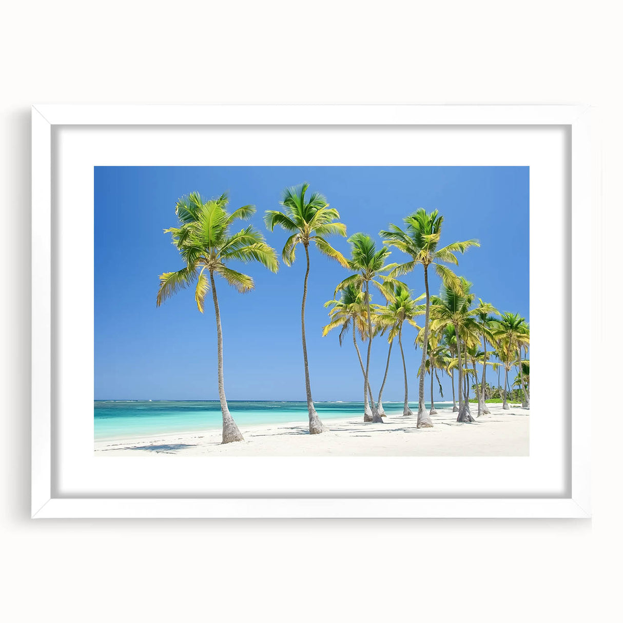 Landscape artwork featuring serene beach scenery in a white-framed mat, showcasing vibrant colors and tranquil vibes, perfect for home decor or coastal-themed spaces.