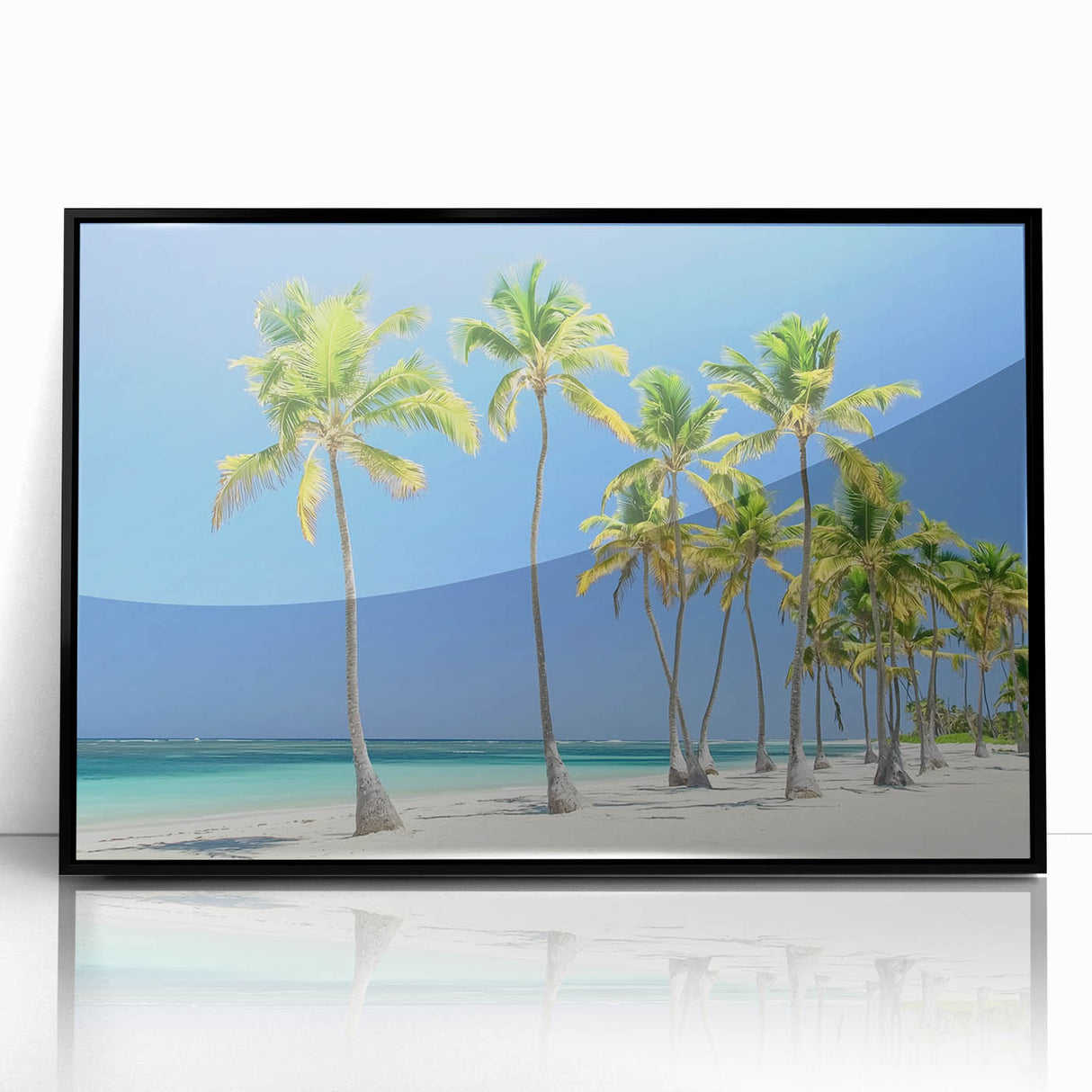 Framed acrylic artwork showcasing a serene beach landscape, featuring vibrant colors and a sleek black frame, perfect for adding tranquility to any room decor.