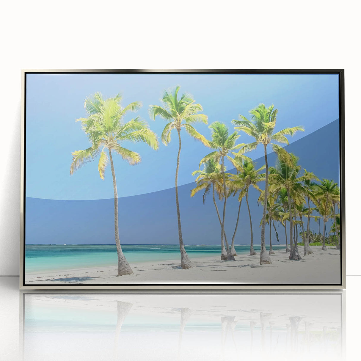 Framed acrylic artwork showcasing a vibrant beach landscape with waves crashing on the shore, featuring silver accents and a contemporary design, perfect for coastal decor.
