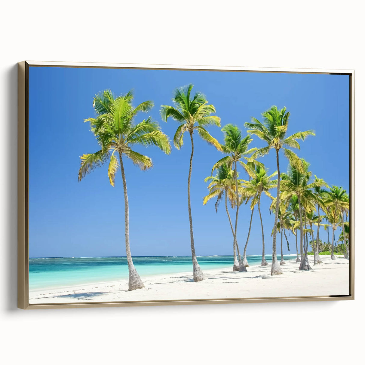 Framed canvas artwork depicting a serene beach landscape with golden accents, showcasing vibrant colors and intricate details, ideal for home decor.