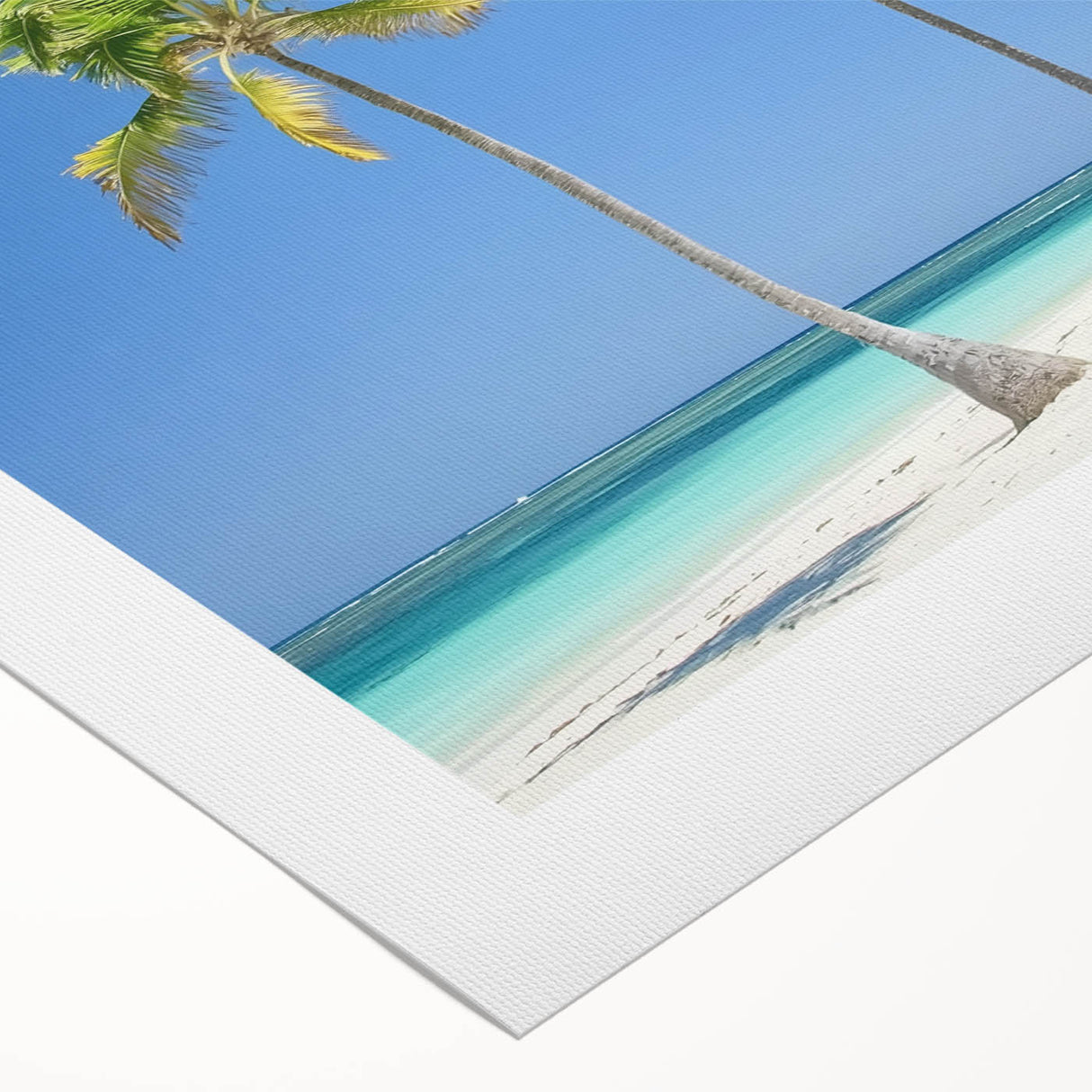 Rolled canvas showcasing a vibrant beach landscape scene with vivid colors, featuring blue skies, sandy shores, and gentle waves, perfect for coastal decor enthusiasts.