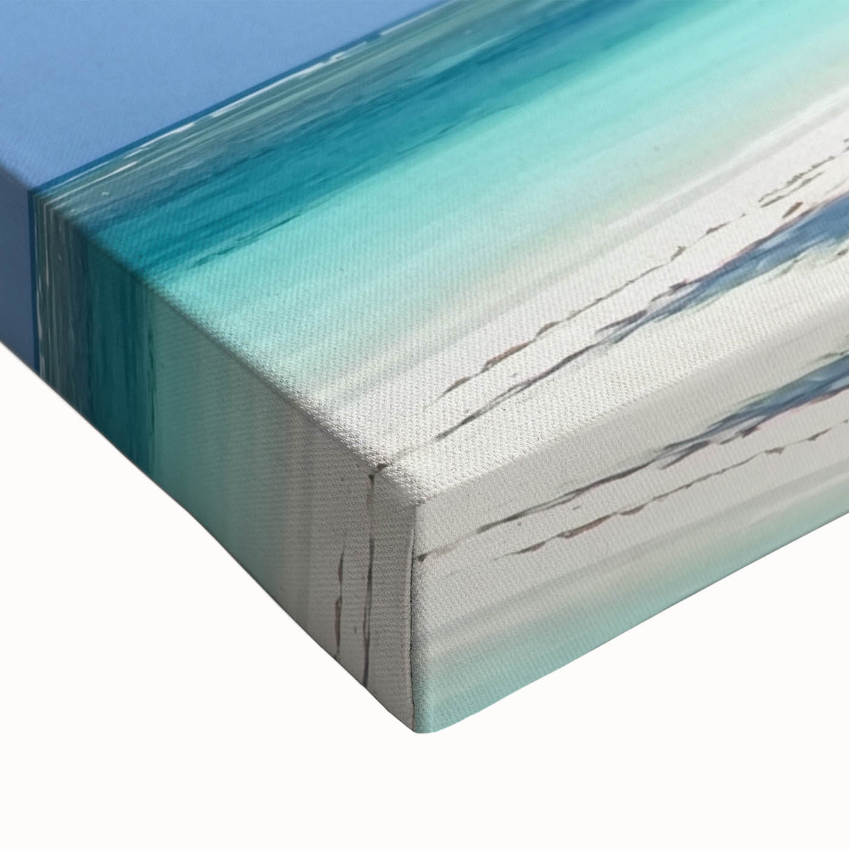 Close-up of a vibrant stretched canvas depicting a serene beach landscape at sunset, showcasing vivid colors and intricate details, ideal for home decor.