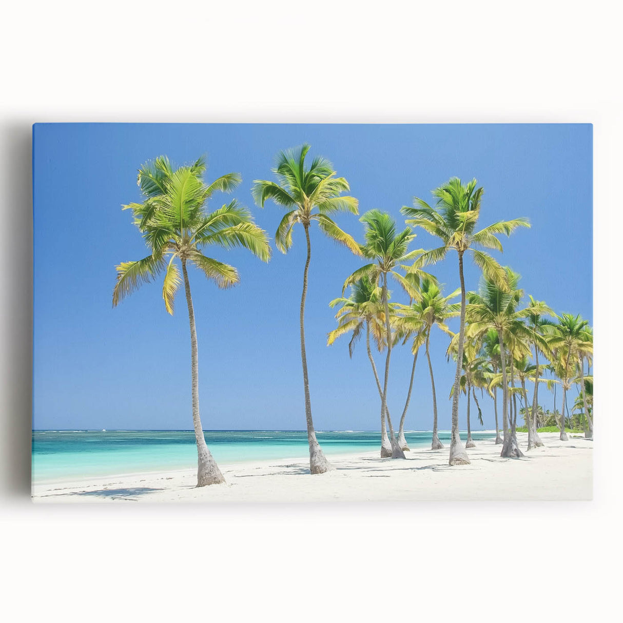 Stretched canvas artwork depicting a serene beach landscape with vibrant colors, ideal for home decor and enhancing interior spaces. Perfect for beach lovers.