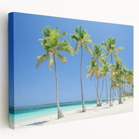 Stretched canvas artwork depicting a serene beach landscape with vibrant colors, ideal for home decor. Perfect for creating a calming atmosphere in living spaces.