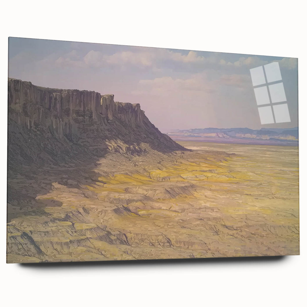 Acrylic glass artwork showcasing a stunning landscape of canyons, featuring vibrant colors and intricate details, displayed in a sleek side view without pins. Perfect for modern home decor.