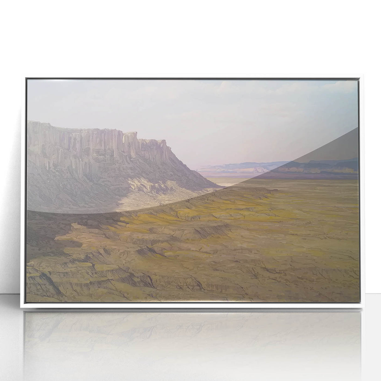 Framed acrylic artwork depicting a vibrant desert canyon landscape, featuring rich earthy tones and striking rock formations, perfect for enhancing modern home decor.