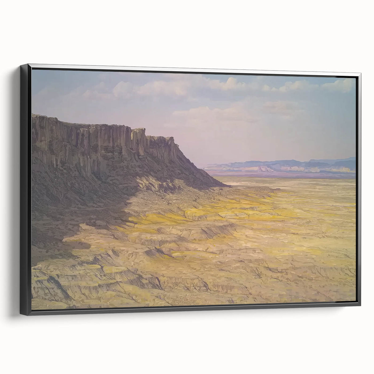 Framed landscape canvas showcasing vibrant canyons in rich earth tones, displayed from a black side view, perfect for enhancing modern home decor.