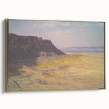 Framed landscape canvas art depicting majestic canyons in warm earthy tones, featuring a sleek gold frame, perfect for enhancing modern home decor aesthetics.