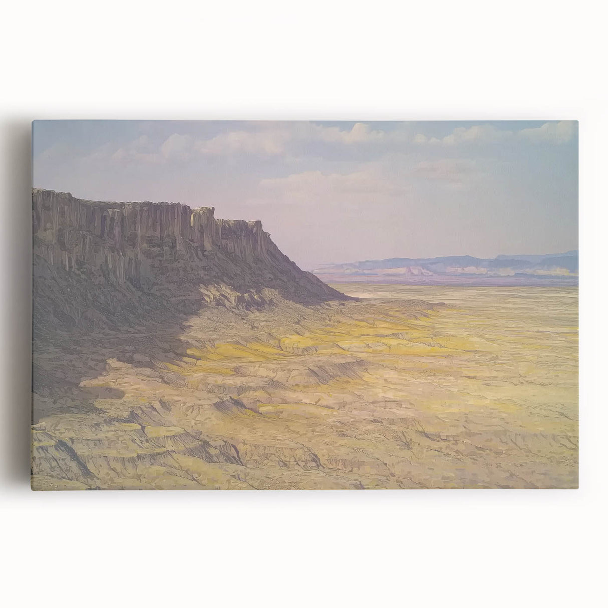 Stretched canvas artwork depicting a vibrant landscape of canyons, showcasing rich earth tones and dramatic rock formations, perfect for enhancing home decor.