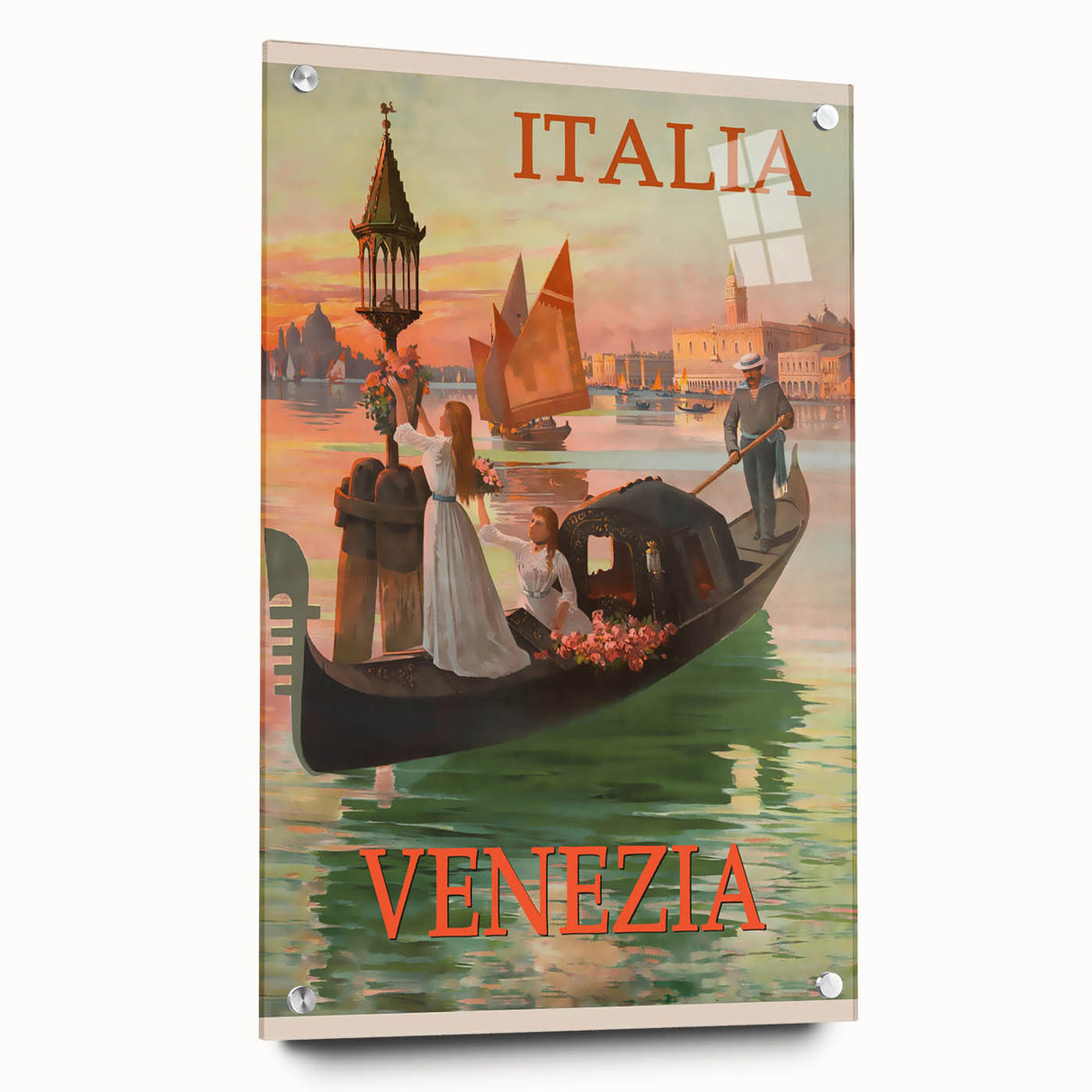 Retro Venice Italy Travel Poster - Gondola in Venice Canal Wall Art