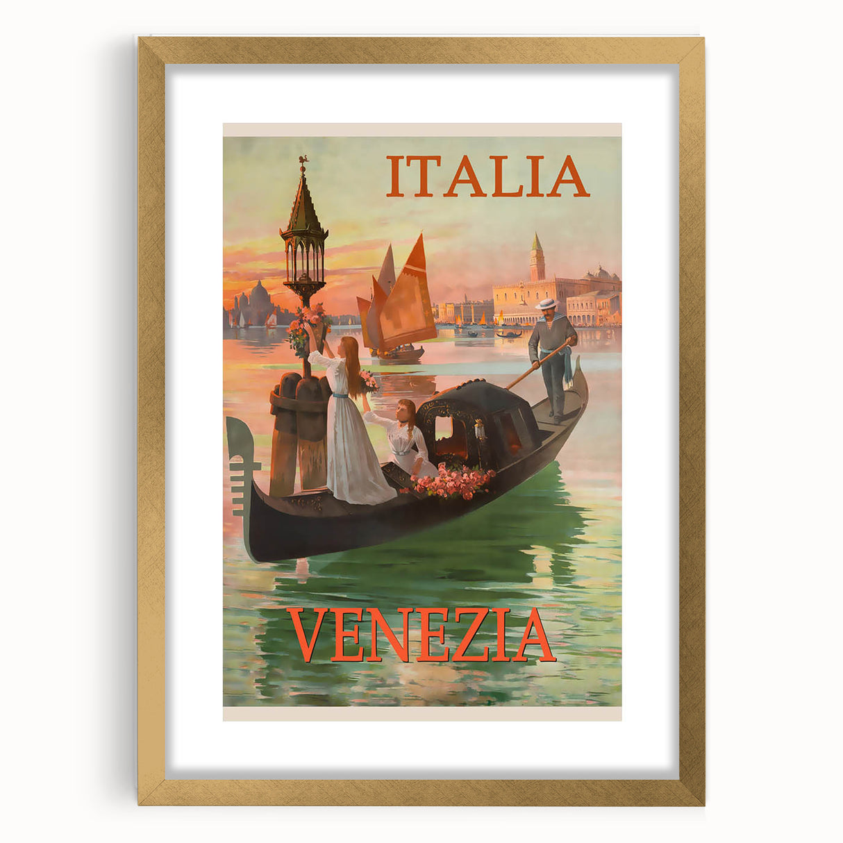Retro Venice Italy Travel Poster - Gondola in Venice Canal Wall Art