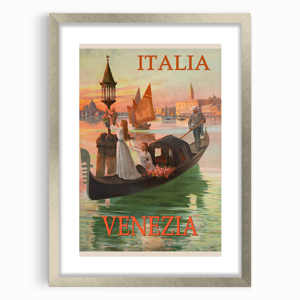 Retro Venice Italy Travel Poster - Gondola in Venice Canal Wall Art