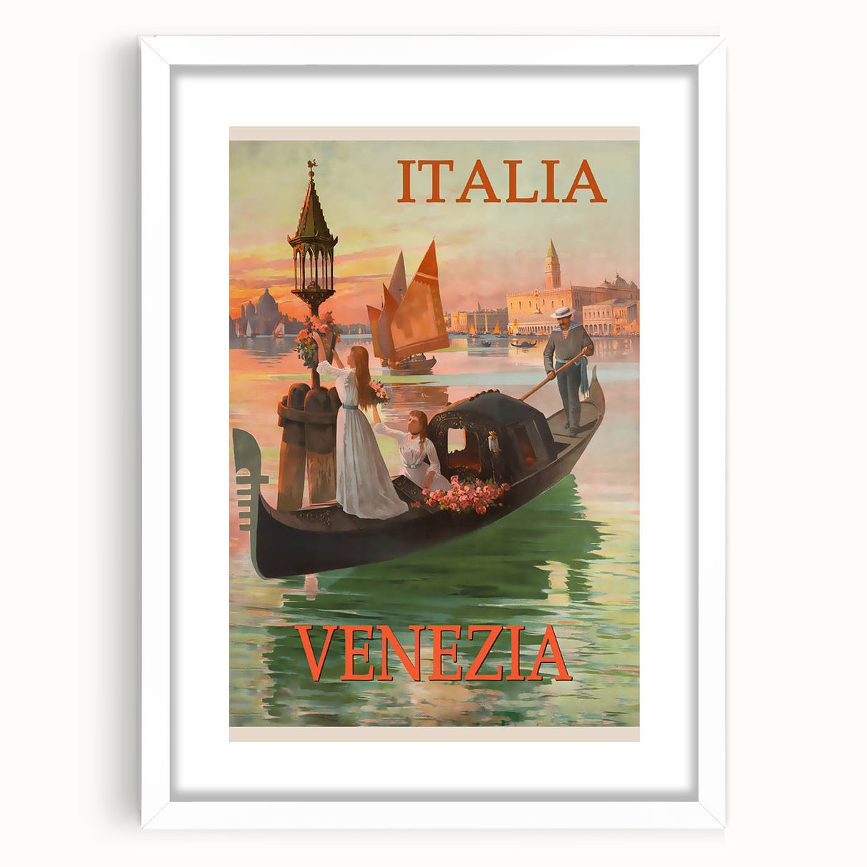 Retro Venice Italy Travel Poster - Gondola in Venice Canal Wall Art