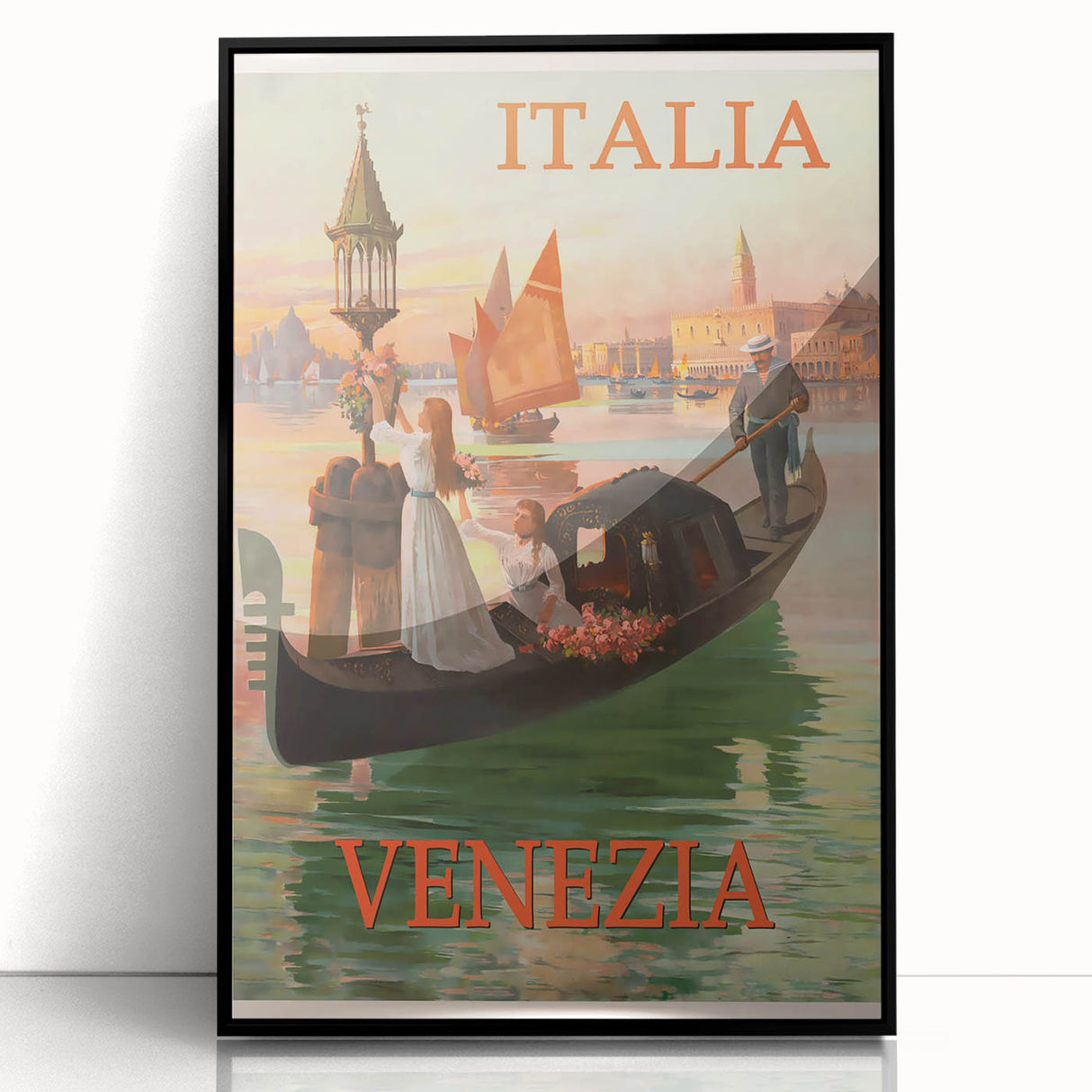 Retro Venice Italy Travel Poster - Gondola in Venice Canal Wall Art