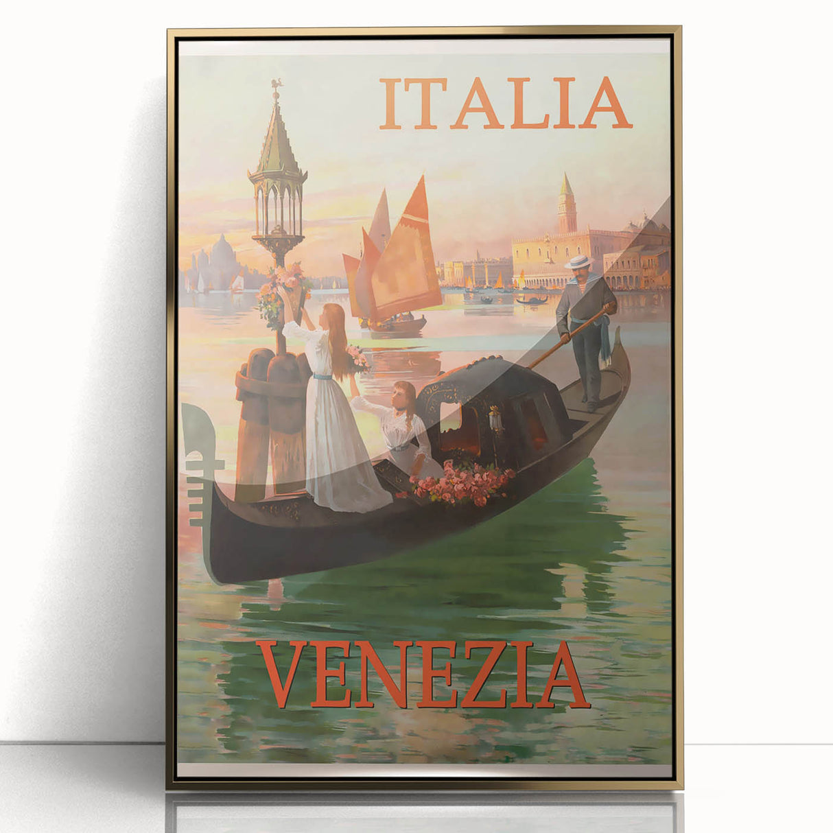 Retro Venice Italy Travel Poster - Gondola in Venice Canal Wall Art