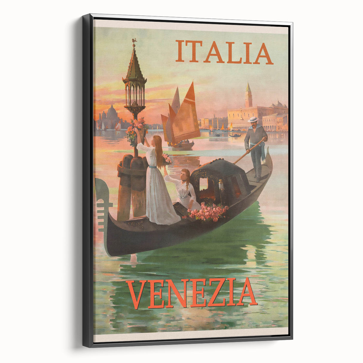 Retro Venice Italy Travel Poster - Gondola in Venice Canal Wall Art