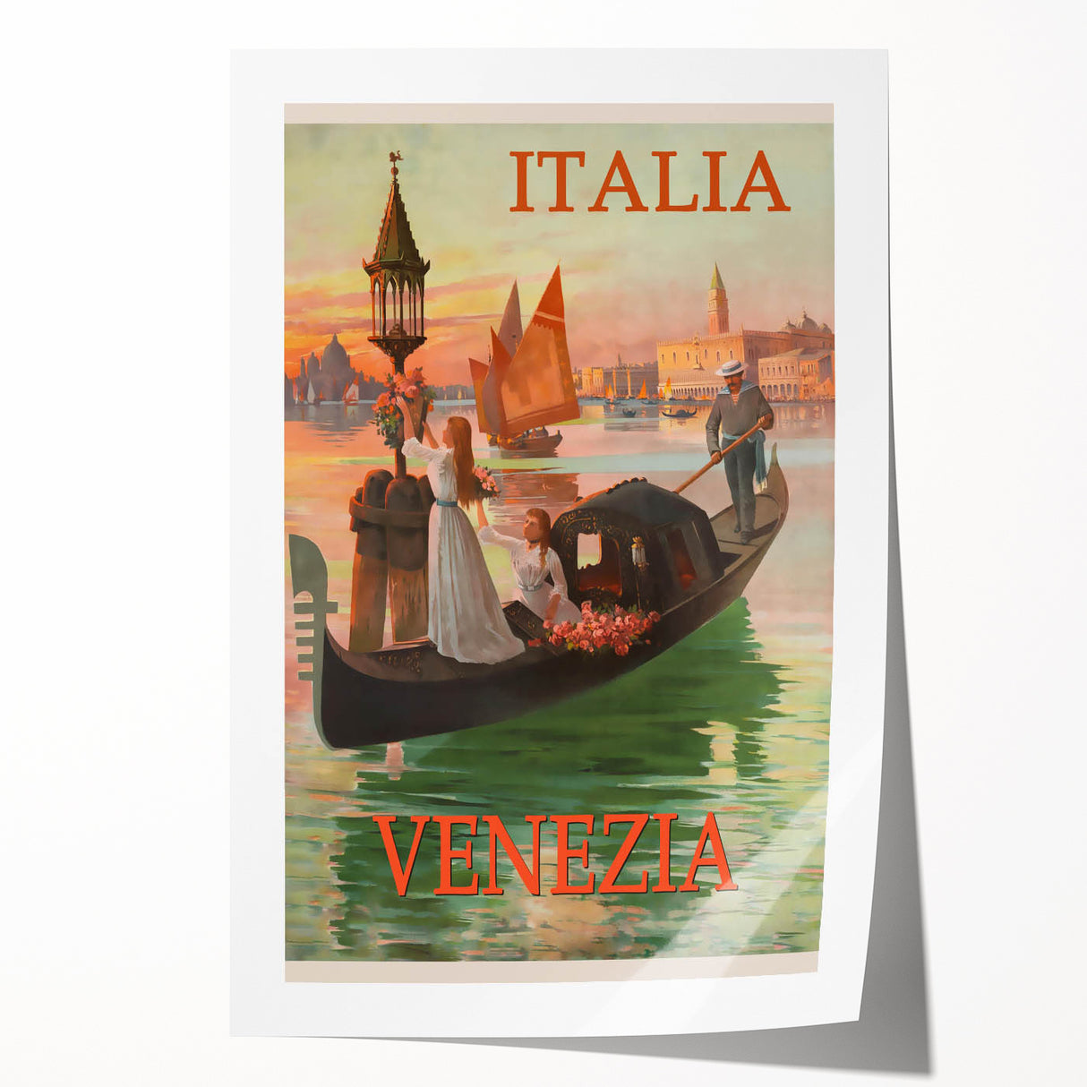 Retro Venice Italy Travel Poster - Gondola in Venice Canal Wall Art