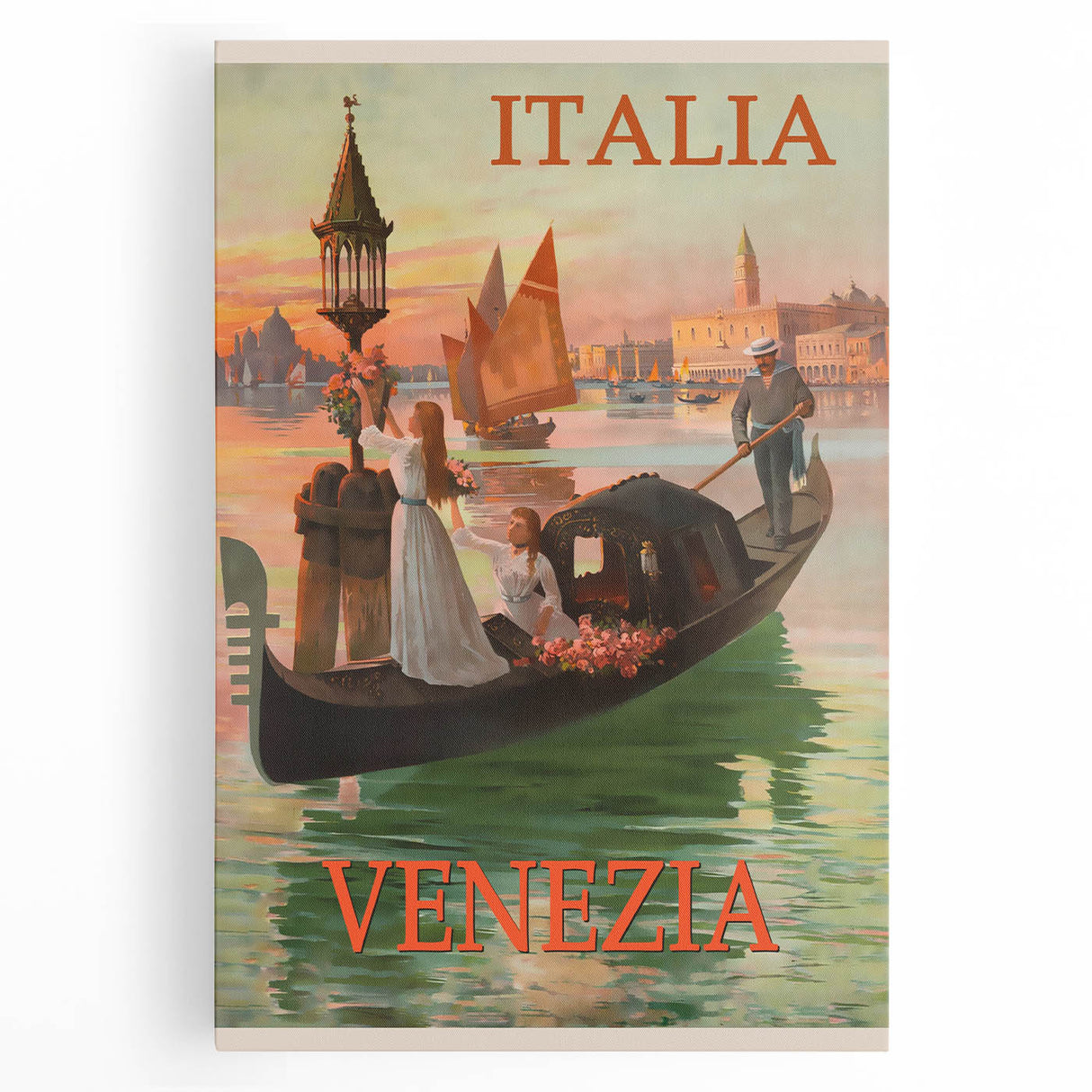 Retro Venice Italy Travel Poster - Gondola in Venice Canal Wall Art