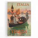 Retro Venice Italy Travel Poster - Gondola in Venice Canal Wall Art