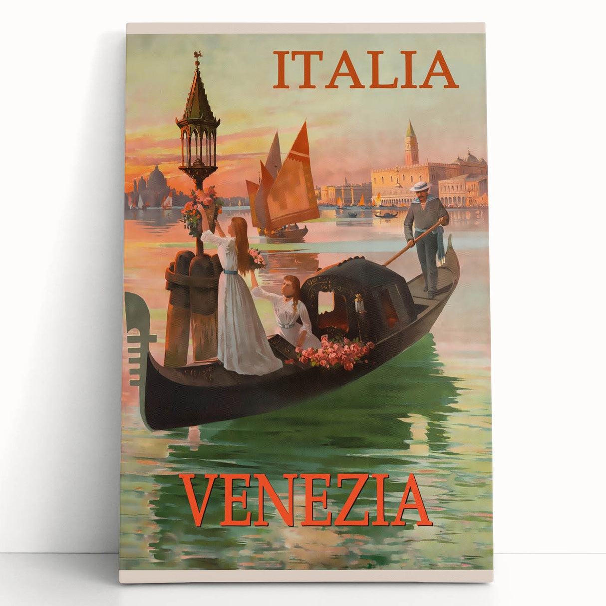 Retro Venice Italy Travel Poster - Gondola in Venice Canal Wall Art